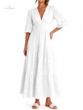 Cotton Eyelet V-Neck Maxi Dress 3/4 Sleeve Tiered Ruffle A-Line Wedding Guest